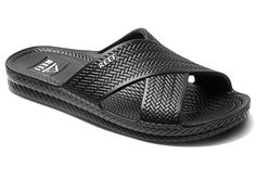 Reef Water X Slide - Women's Shoes : Black : Relish your day in next-level comfort whenever you step out of the house by sliding into the Reef Water X Slide. Injection-molded waterproof EVA straps with espadrille rope-inspired texture details. Single-density, injection molded sugarcane EVA footbed with hints of espadrille details throughout delivers enhanced cushioning and durability. Easy slip-on style. Open toe silhouette. Crisscross strap detailing. Brand name detailing on the footbed and upper. Non-marking injection molded sugarcane EVA outsole. Imported. Durable Round Toe Beach Slides, Durable Synthetic Slides For Summer, Casual Durable Slides For Beach, Durable Synthetic Casual Sandals, Casual Waterproof Slides For Beach, Comfortable Waterproof Slides For Vacation, Casual Synthetic Sandals, Casual Waterproof Slides For The Beach, Waterproof Beach Slides