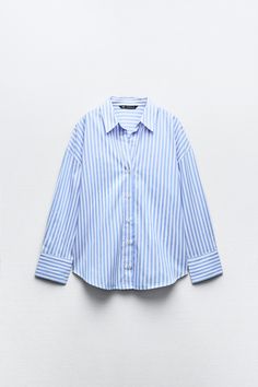 STRIPED POPLIN SHIRT Spring Long Sleeve Dress Shirt With Striped Collar, Daywear Tops With Striped Spread Collar, Classic Cotton V-neck Shirt, V-neck Cotton Shirt For Work, Zara Classic Top With Spread Collar, Casual Long Sleeve Dress Shirt With Striped Collar, V-neck Shirt With Button Cuffs For Daywear, Classic V-neck Cotton Shirt, Daywear Button-up Blouse With Striped Collar