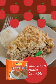 an apple crumble is on a plate with some ice cream and cinnamon apples are in the background