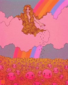 a painting of a woman floating in the air over a field of flowers and rainbows