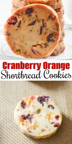 cranberry orange shortbread cookies on a white plate with the title above it