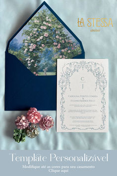 a blue envelope with flowers on it and a card in the middle that says, template personalized