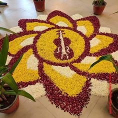 a large flower arrangement on the ground in front of potted plants