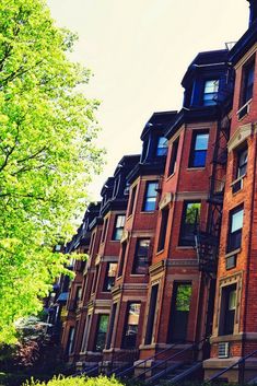 a row of brick apartment buildings with trees in the foreground and stairs leading up to them