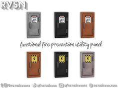 five different types of lockers with warning signs on the doors and one door open