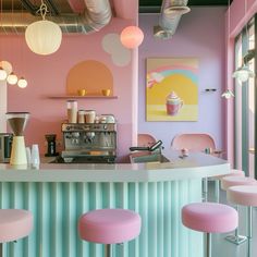 an ice cream shop with pastel colors and pink stools in front of the counter