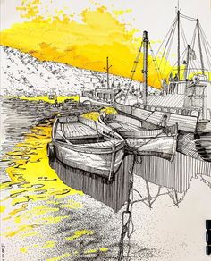 an ink drawing of several boats docked at the shore in front of a yellow sky