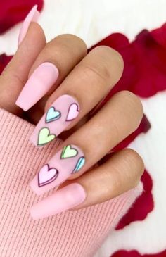 Pink nails - Heart nails | press on nails ~ Valentines Day nails | February nails TheNailArtStudios .. Pink nail ideas . pink nail art #ad #affiliate Cute Valentine Day Nails, Matte Pink Valentines Nails, Cute Nails Short Coffin, Valentine Nails Designs Almond Shape, White And Pink Valentine Nails, Valentines Nails Conversation Hearts, Non Valentines Day Nails, Candy Heart Nails Acrylic, Yellow Valentine Nails