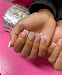 Small Bling Nails, Black Woman Nail Designs, Short French Tip With Rhinestones, Short Nails Gems, Square Nails With Gems, Simple Nails With Charms, French Tip With Diamonds, French Nails With Gems, Short Nails With Gems