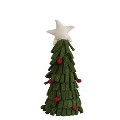 a green christmas tree with red berries and a white star on top, sitting in front of a white background