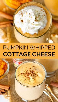 pumpkin whipped cottage cheese in small glass mugs with cinnamon on the side and topped with whipped cream