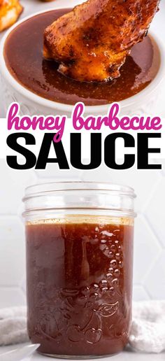 honey barbecue sauce in a glass jar with chicken wings on top and the words honey barbecue sauce above it