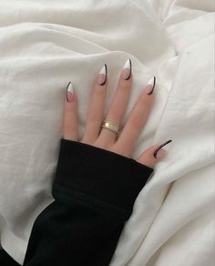 Mid Length Almond Shaped Nails, Flat Almond Nails, White V Tip Nails Almond, Black And White Round Nails, Short Nail Designs Minimal Almond, Creative French Tip Nails Almond, Almond French Designs, Different French Manicure Ideas Almond, Baddie Nails Almond Shape