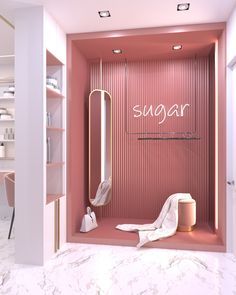 a bathroom with pink walls and marble flooring, including a walk in shower that has the word sugar written on it