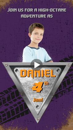 a young boy standing in front of a purple and black background with the words daniel on it