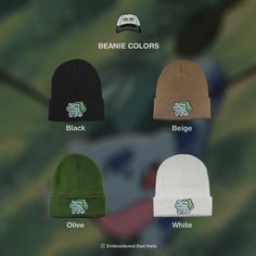 A great gift or unique piece for winter wear. Direct embroidery, only available here at Embroidered Dad Hats! 🧢• Embroidered on a soft acrylic beanie.• Adult, one size fits all.• Free poly-bag shipping in 🇺🇸 (more options at checkout). Green Beanie Cap For Streetwear, Green Beanie For Streetwear, Casual Beanie With Embroidered Logo, Casual Beanie With Embroidered Logo For Streetwear, Casual Streetwear Beanie With Embroidered Logo, Casual Winter Hats With Custom Embroidery, Casual Embroidered Beanie For Winter, Casual Embroidered Winter Beanie, Trendy Beanie With Embroidered Logo