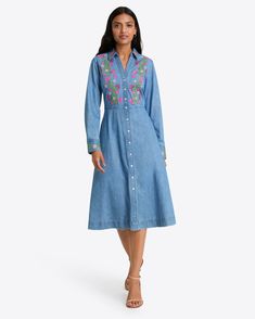 Cecilia Embroidered Shirtdress in Denim How To Dress A Bed, Tent Sale, Lounge Pajamas, Draper James, Mini Dress Casual, Shirtdress, Floral Midi Dress, Skirts For Sale, Embroidered Flowers