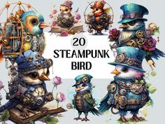 the steampunk birds are all dressed up in different outfits and hats, with flowers on