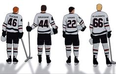 three hockey players are standing in different positions with their numbers on the jerseys and stickers