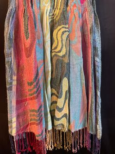 Beautiful  100% Rayon  made in India  Scarf Wavy rainbow  Vertical rainbow  12x 86  Can be wrapped 2x Multi color Fringed  Excellent condition  Wonderful gift Wavy Rainbow, Traditional Multicolor Fringed Scarves, Multicolor Fringed Scarves One Size, Bohemian Multicolor Handwoven Scarves, Candle Topper, Casual Multicolor Scarf, One Size, Ornament Display, Camel Sweaters, Purple Bohemian Scarf, One Size