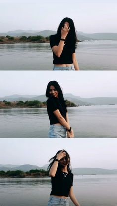 four different pictures of a woman standing in front of the water with her hand on her face