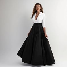 Lasaky - Professional product title: Bridesmaid Satin Long Dress in Black and White with Contrast Standing Collar and Long Sleeves Mothers Gowns, Christina Wu, Satin Dress Long, Bodice Dress, Dress Sleeve Styles, Bridal Party Dresses, Elegant Color, فستان سهرة, Elegant Dresses For Women