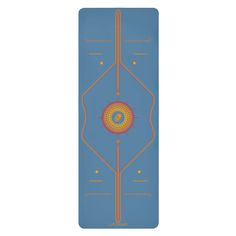 a blue bookmark with an orange and yellow design on the front, in gold lines