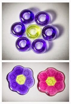 two pictures with different colored flowers in the middle one has yellow and purple petals on it