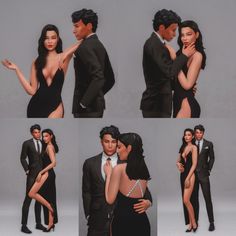 several different poses of a man and woman in formal wear, one is kissing the other