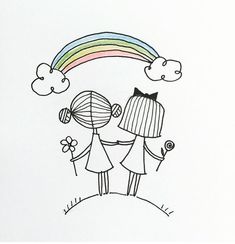 two people standing under a rainbow with clouds and flowers in their hands, one holding the other's hand