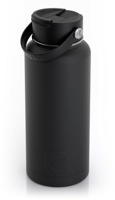 a black flask with a lid and handle is shown on a white background, it appears to be empty