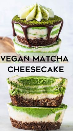 vegan matcha cheesecakes stacked on top of each other with chocolate and green topping