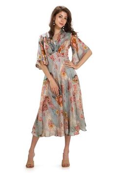 Shop for Whimscial by shica Blue Floral Print Dress for Women Online at Aza Fashions Floral Print Chiffon Maxi Dress, Blue Floral Print Dress, Yoke Dress, Womens Floral Dress, Chiffon Maxi, Chiffon Maxi Dress, Silk Organza, Designer Gowns, Blue Silk