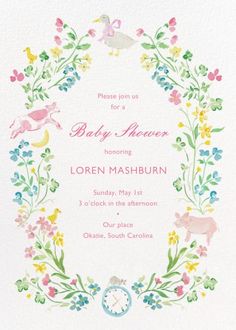 a baby shower is shown with flowers and birds in the frame, including an alarm clock