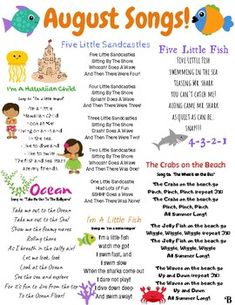 a poster with words and pictures on it that says, august songs five little sandcastles