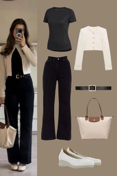 Outfit Inspo | Round Neck Short Sleeve Black T-Shirt, Beige Textured Cropped Balzer with Women's Straight Leg Jeans | with Beige Leather Tote Bag | Outfit Inspiration | Casual Outfits | Casual Work Outfit | Women's Fashion Black Straight Leg Jeans Outfit, Leather Tote Bag Outfit, Brown Jeans Outfit, Tote Bag Outfit, Black Pants Outfit, Straight Leg Jeans Outfits, Outfit Ideas Casual, Trousers Outfit, Semi Formal Outfits