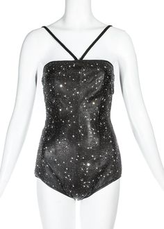 https://www.1stdibs.com/fashion/clothing/lingerie/gianni-versace-black-leather-embellished-bodysuit-s-s-1998/id-v_6312902/ Luxury Party Bodysuit, Luxury Black Party Bodysuit, Black Embellished Evening Bodysuit, Luxury Fitted Bodysuit For Party, Embellished Bodysuit For Summer Nights, Summer Embellished Bodysuit For Night Out, Embellished Bodysuit, Black Leather Corset, Versace Couture