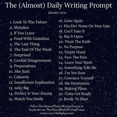 the almost daily writing prompts list on a dark background with stars in the sky