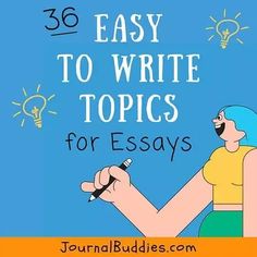 a woman writing on a blue background with the words,'50 easy to write topics for