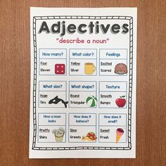 a poster with the words adjecttives describing how many different things are present