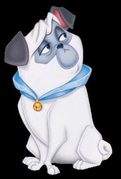 a cartoon dog with a blue ribbon around it's neck and collar, sitting down