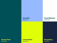 the color scheme for ocean teal and sky mist is shown in green, blue, yellow