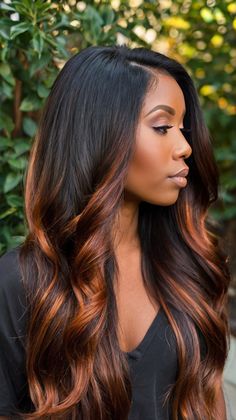 Fall Highlights for Black Hair Copper Highlights Highlights For Black Hair, Fall Highlights