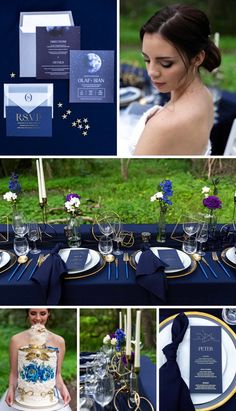 a collage of photos with blue and white wedding colors, including the bride's dress