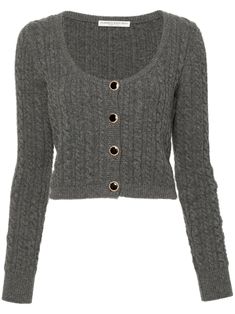 dark grey wool knitted construction cable knit round neck long sleeves ribbed cuffs and hem straight hem cropped front button fastening All Over Pattern, Alessandra Rich, Rich Women, Looks Chic, Knitted Cardigan, Shearling Jacket, Grey Women, Wool Cardigan, Knitwear Women