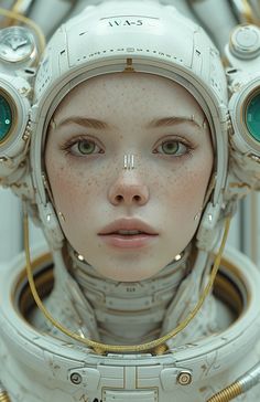 a woman in a white space suit with green eyes