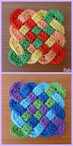 crocheted coasters are shown in different colors