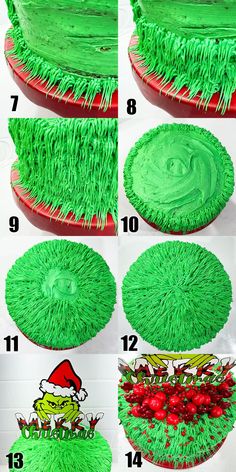 how to make a grin face cake with green frosting and red icing on top