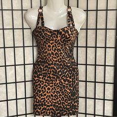 Brown Leopard Print Bodycon Dress Has A Double Strap With Ring Detail By Pretty Little Thing Size 8 (Nwt) Fitted Sleeveless Mini Dress In Leopard Print, Fitted Leopard Print Sleeveless Mini Dress, Brown Fitted Mini Sundress, Fitted Brown Mini Sundress, Brown Sundress Mini Dress For Party, Brown Sundress For Party, Leopard Print Bodycon Dress, Animal Print Dress, Printed Bodycon Dress