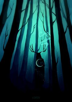 a deer is standing in the middle of a forest at night with glowing lights on its antlers